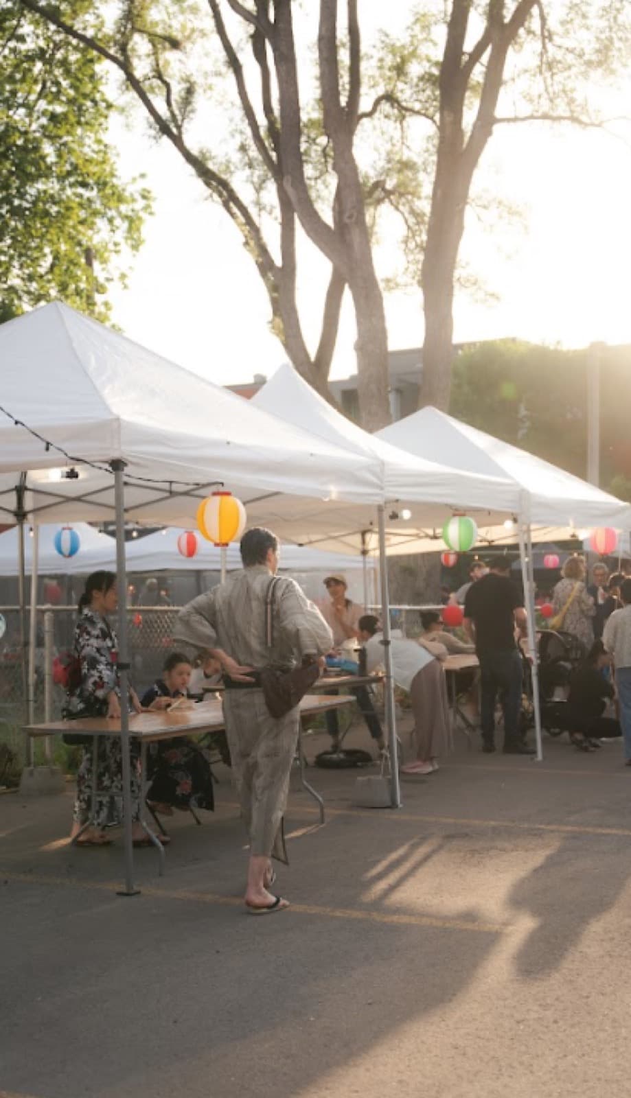 Festival booths at golden hour